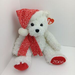 2006 TY Classic Plush  Merribear Christmas Bear White 14 inch Red Cap Scarf Toy